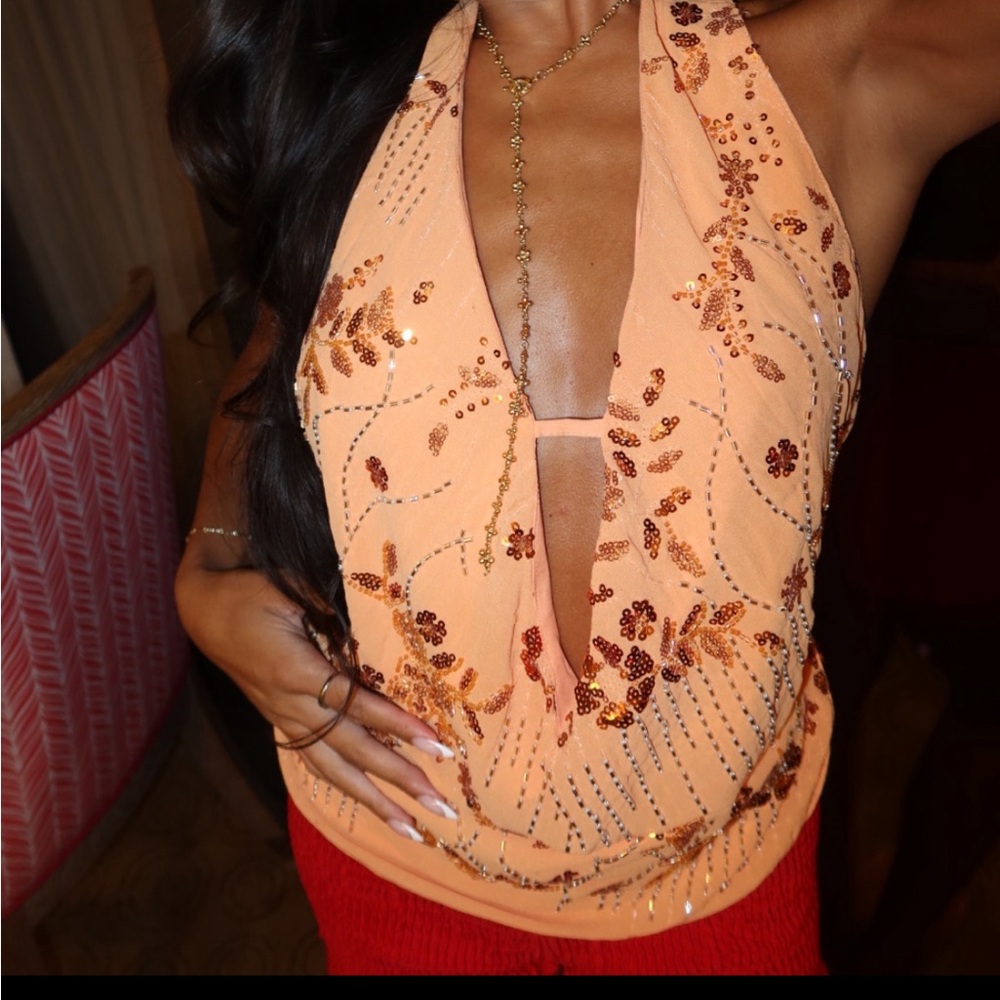 Orange Sequin Halter Top